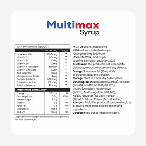 Multimax, Compositions of Multimax are Lycopene, Multivitamin, Multimineral & Antioxidant Syrup., Multimax offered by Janus Biotech