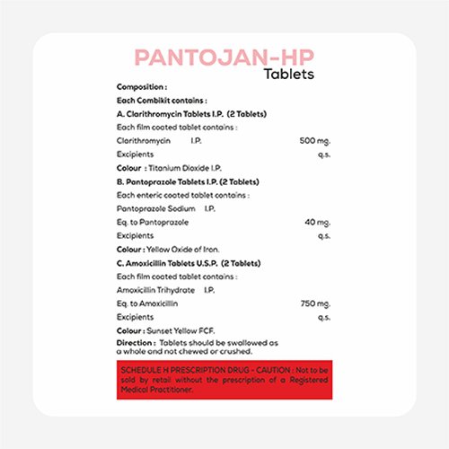 Pantojan-HP, Compositions of Pantojan-HP are Combipack of  Clarithromycin Tablets I.P., Pantoprazole Tablets I.P. & Amoxicillin Tablets U.S.P, Pantojan-HP offered by Janus Biotech