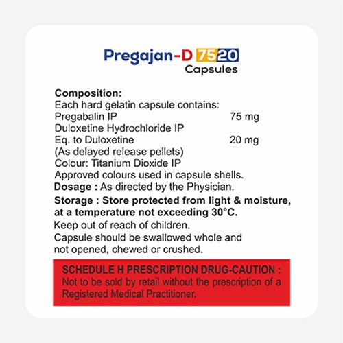 Pregajan-D-7520, Compositions of Pregajan-D-7520 are Pregabalin & Duloxetine Capsules, Pregajan-D-7520 offered by Janus Biotech
