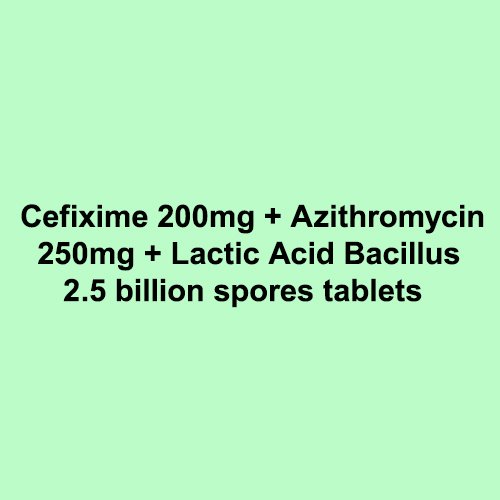 Cefixime + Azithromycin + Lactic Acid Bacillus tablets, Compositions of Cefixime + Azithromycin + Lactic Acid Bacillus tablets are Cefixime 200mg + Azithromycin 250mg + Lactic Acid Bacillus 2.5 billion spores tablets, Cefixime + Azithromycin + Lactic Acid Bacillus tablets offered by Janus Biotech
