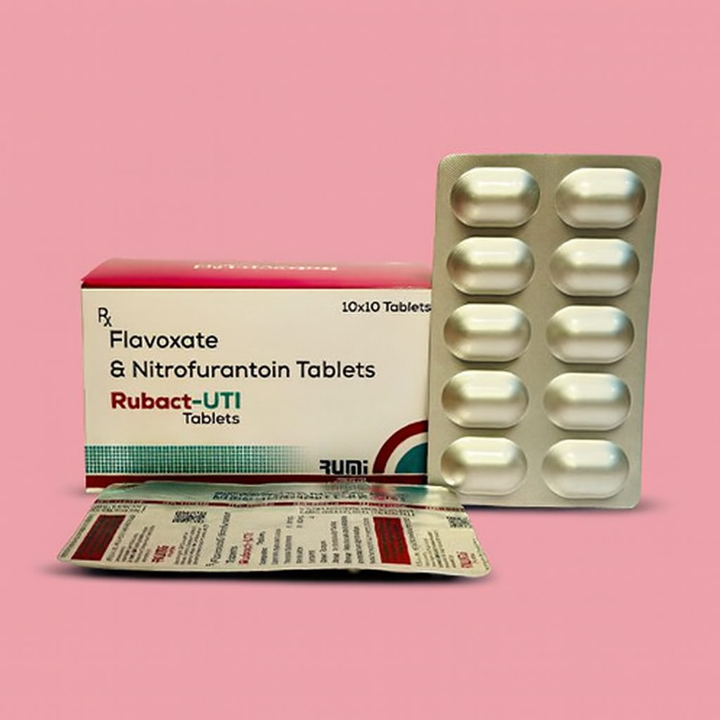Rubact-UTI Tablets, Compositions of Rubact-UTI Tablets are Flavoxate & Nitrofurantoin Tablets, Rubact-UTI Tablets offered by Janus Biotech